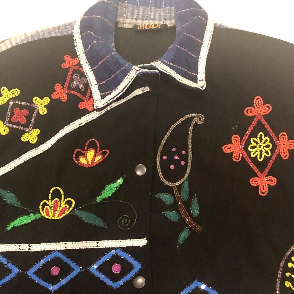 Vintage MODI Denim Beaded Sequined Black Floral Paisley Jacket NEW SAMPLE Sz Med - Picture 3 of 11